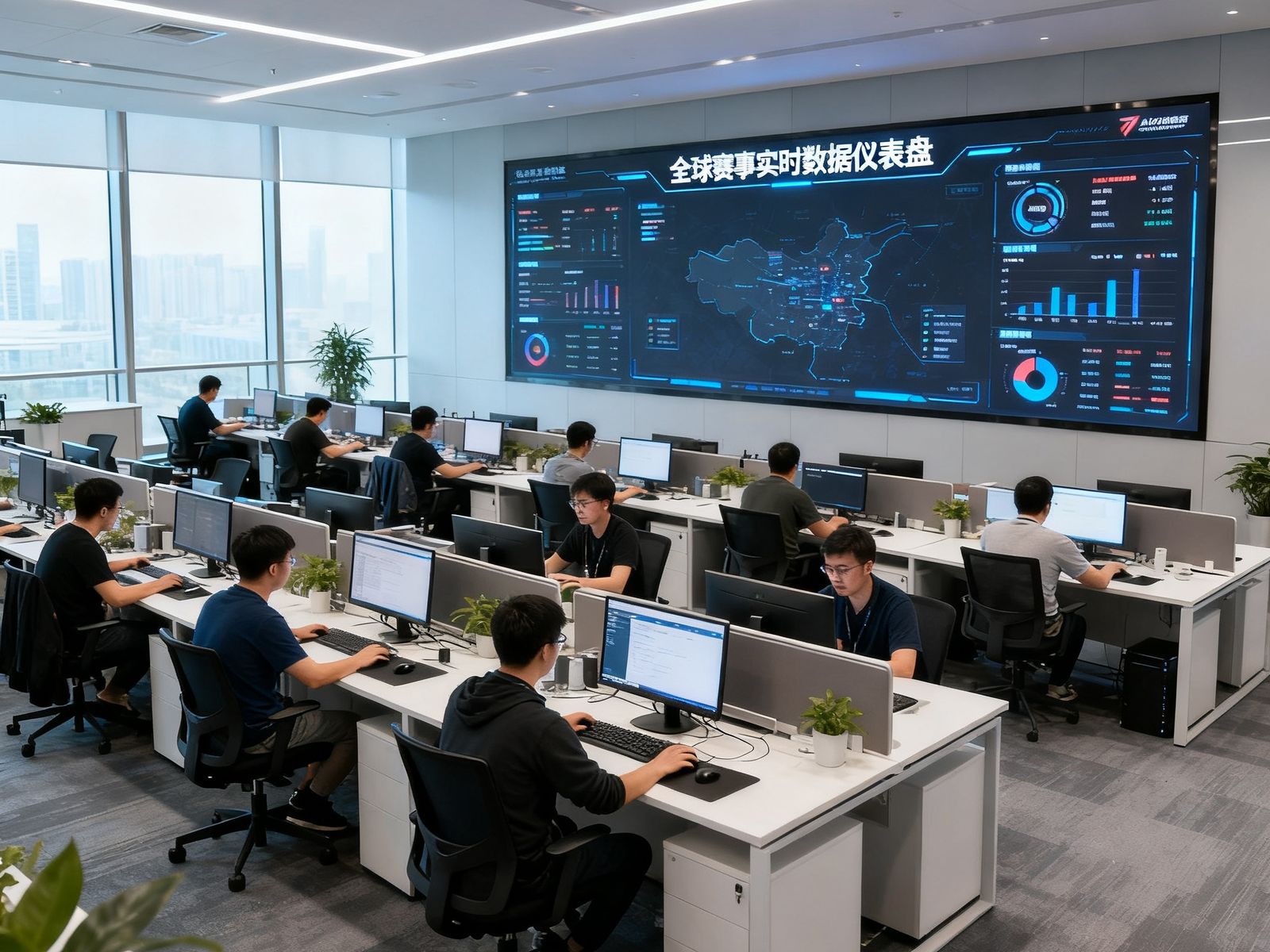 人人体育北京总部办公室全景，开放式工位区数十名工程师正专注工作，墙面上巨大的屏幕显示着全球赛事实时数据仪表盘