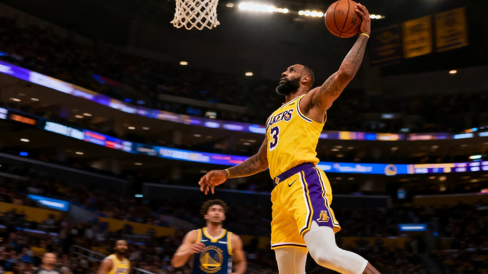 NBA湖人队对阵勇士队比赛中，湖人球员突破防线后单手暴扣的精彩回放定格画面