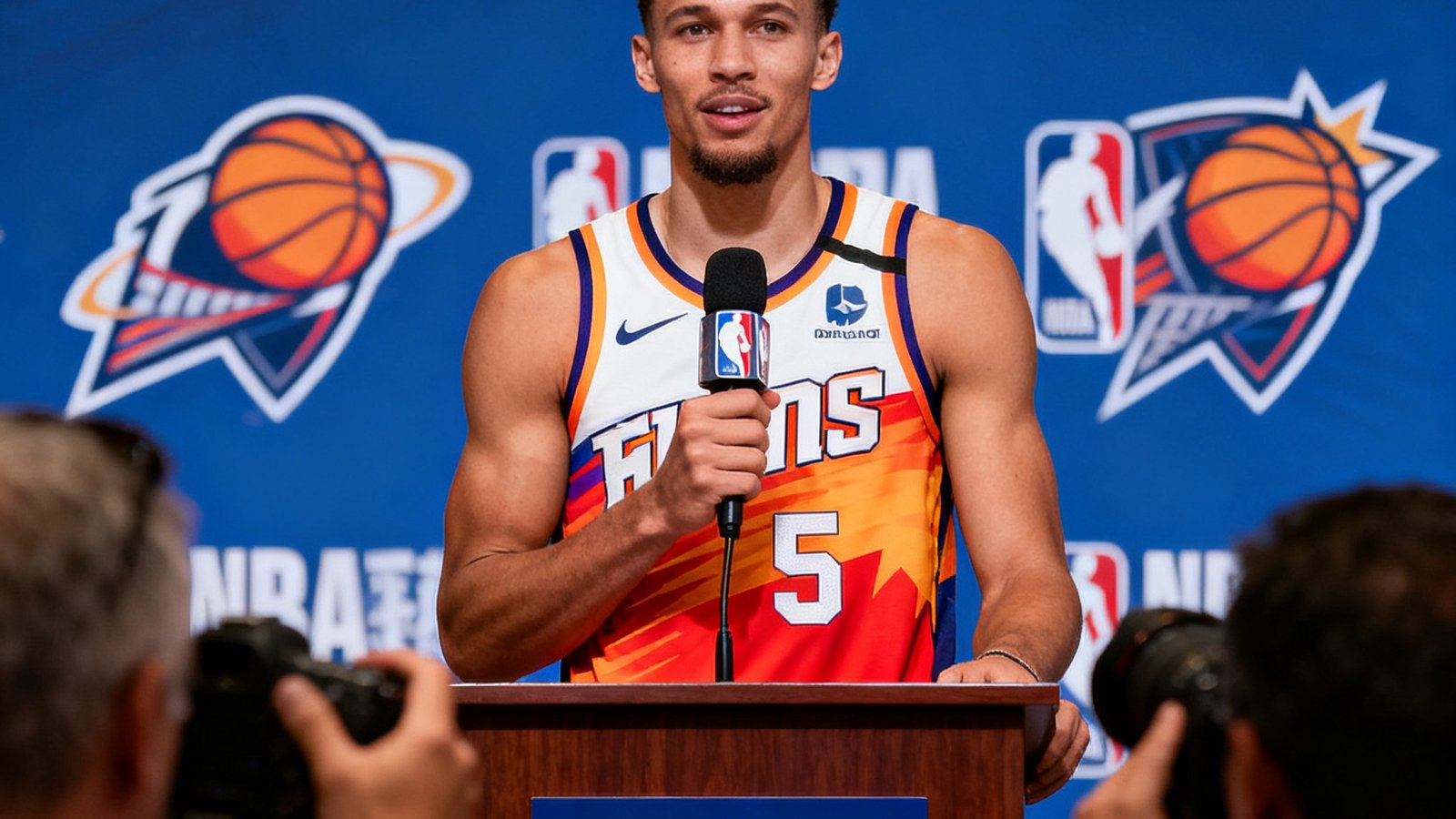 NBA转会市场新闻封面，篮球运动员身穿新队服亮相的新闻发布会场景